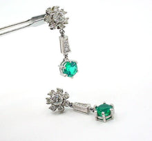 Load image into Gallery viewer, Striking Vintage Emerald Diamond Platinum Drop Earrings
