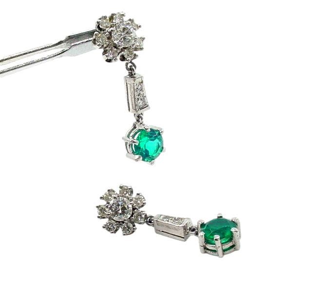 Striking Vintage Emerald Diamond Platinum Drop Earrings