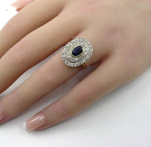 Charger l&#39;image dans la galerie, Antique Sapphire Diamond Platinum Gold Halo Ring--Princess Diana
