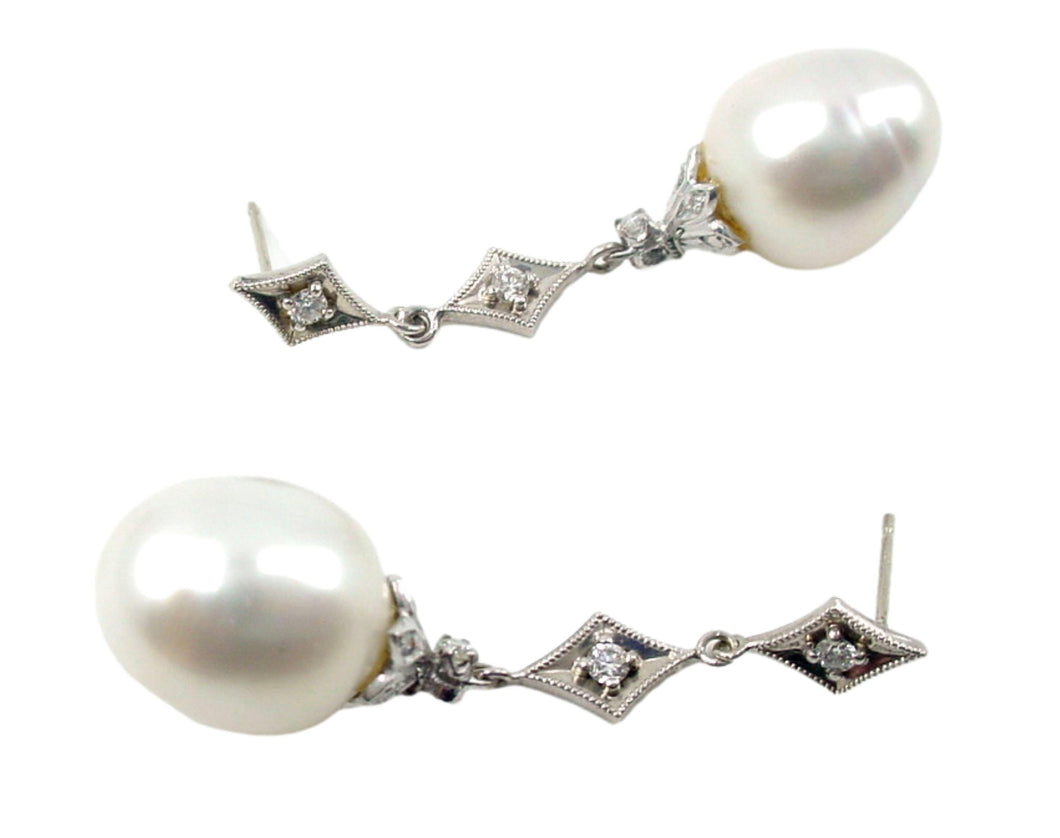 Large Luminous South Sea Pearl Diamond Capped 14k White Gold Drop Earrings