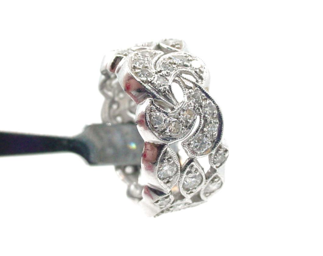 Vintage Art Deco Platinum 1.36 Ct Diamond Wide Foliate Leaf Eternity Band Ring