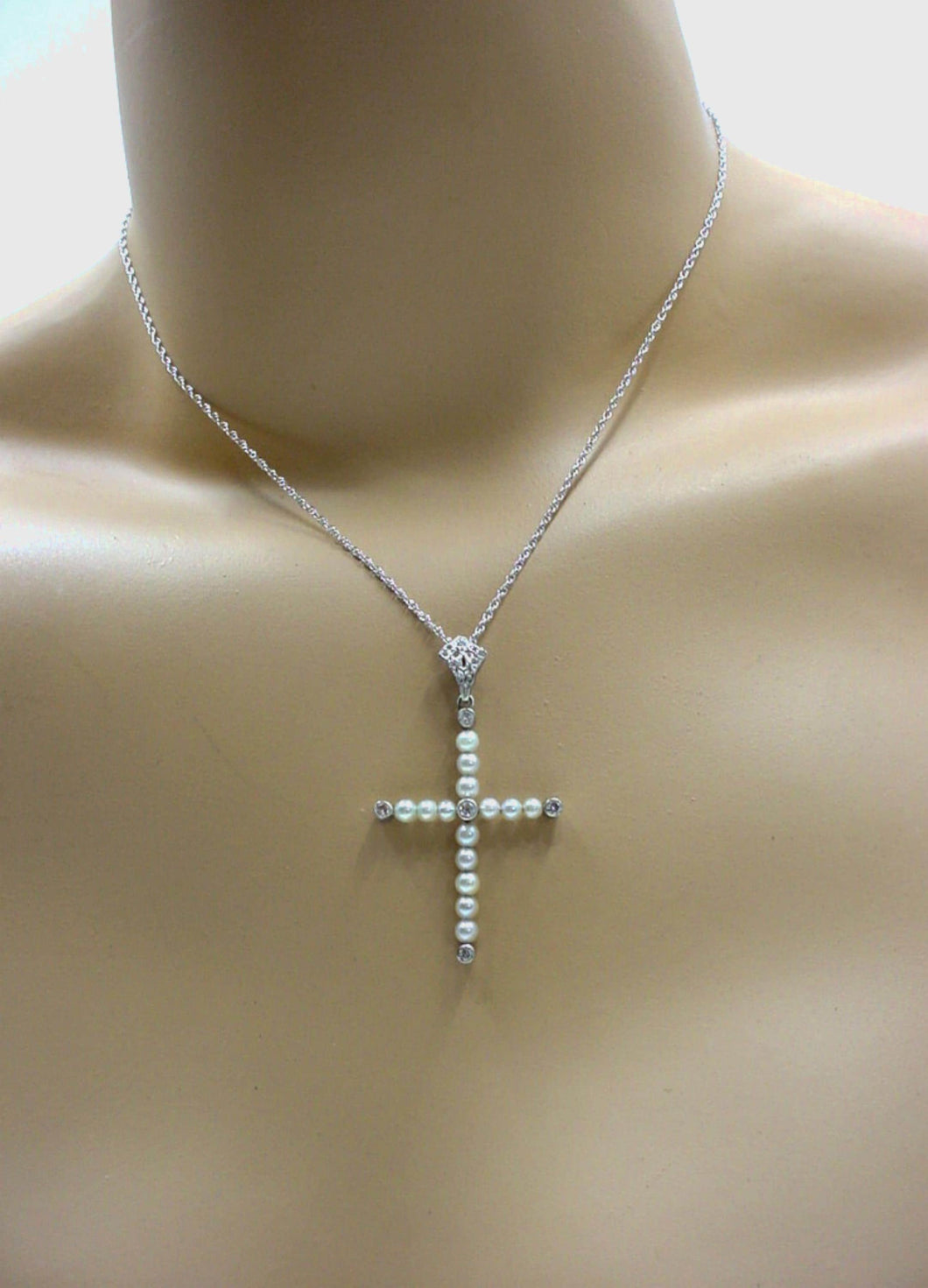 Edwardian Platinum Diamond Pearl Cross Pendant 14k White gold Chain Necklace