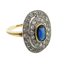 Charger l&#39;image dans la galerie, Antique Sapphire Diamond Platinum Gold Halo Ring--Princess Diana
