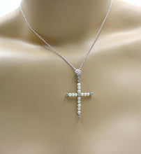 画像をギャラリービューアに読み込む, Edwardian Platinum Diamond Pearl Cross Pendant 14k White gold Chain Necklace
