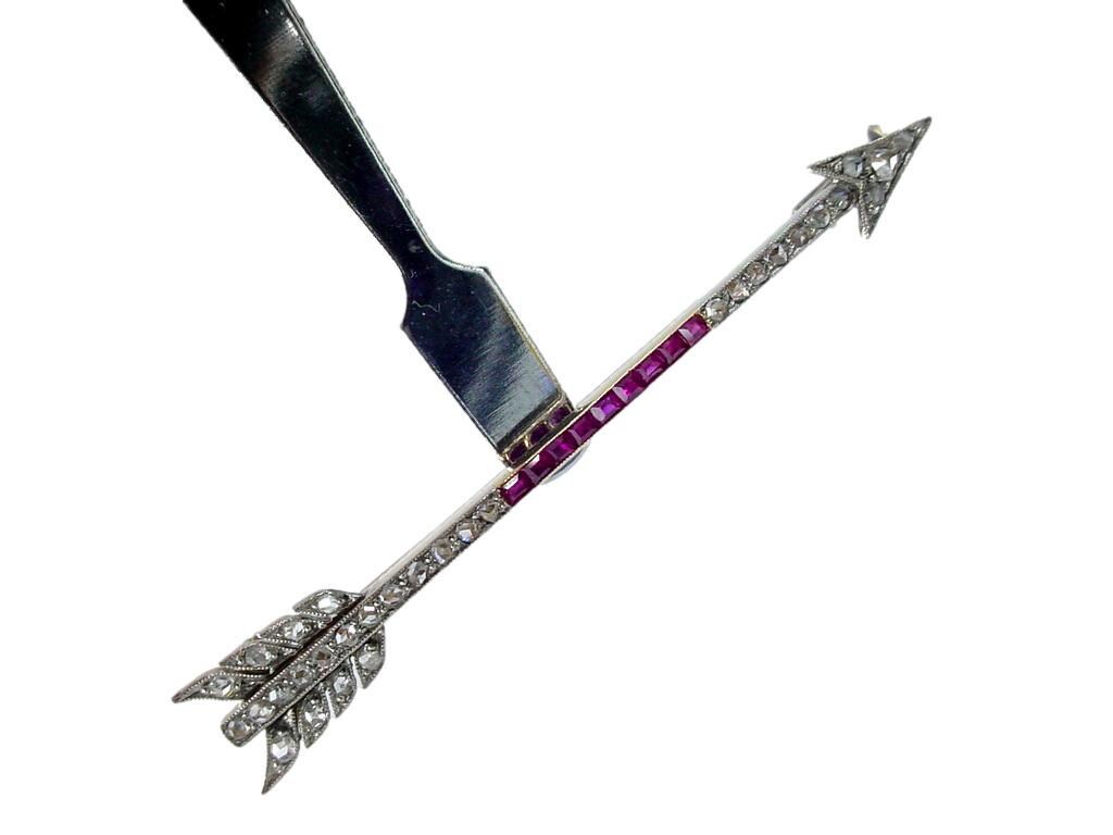 Coveted Art Deco Romantic Arrow Brooch Pin-Rubies and Diamonds