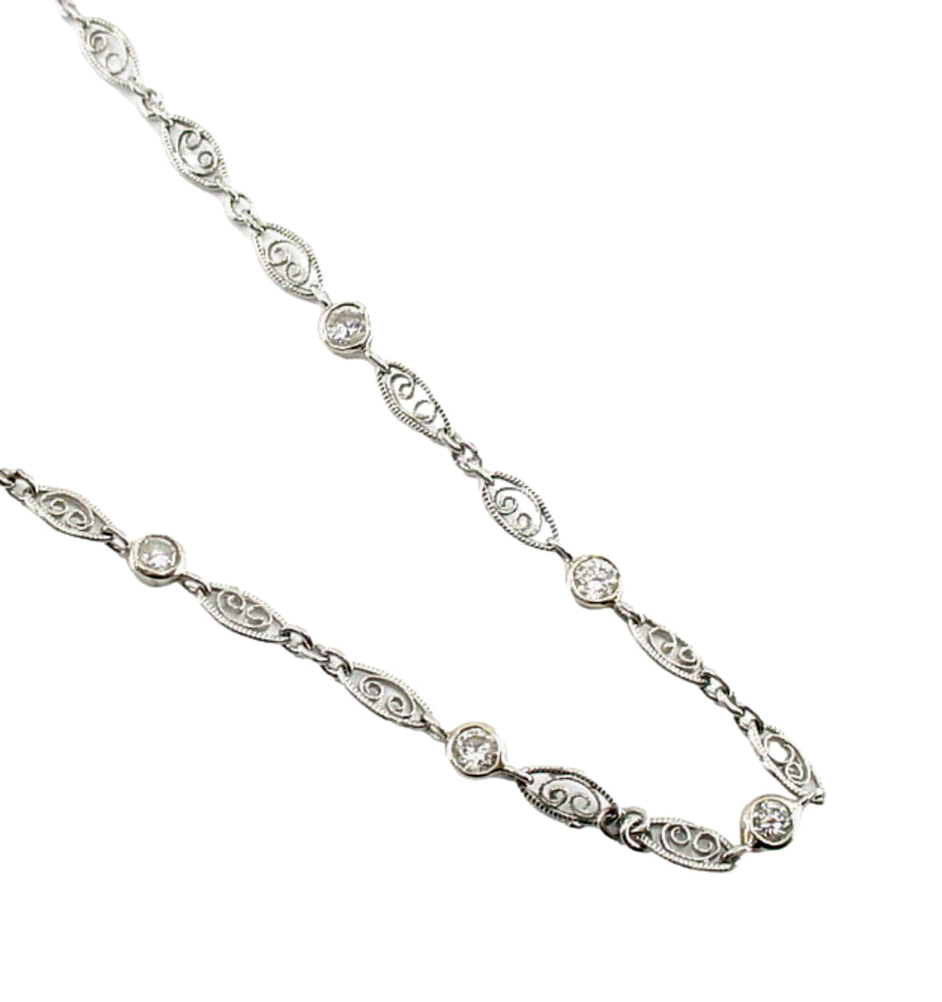 Rare Edwardian Platinum Diamond Station Fancy Link Chain Necklace