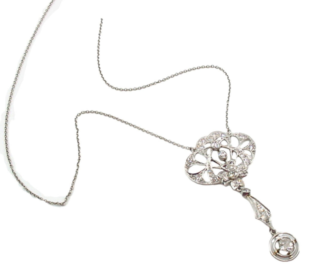 Edwardian Platinum Diamond Lavaliere Drop Pendant Necklace